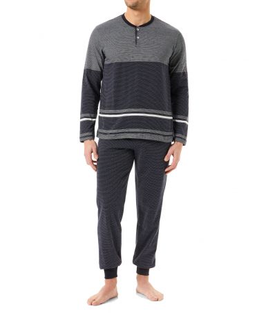 Man with navy striped long winter pyjamas