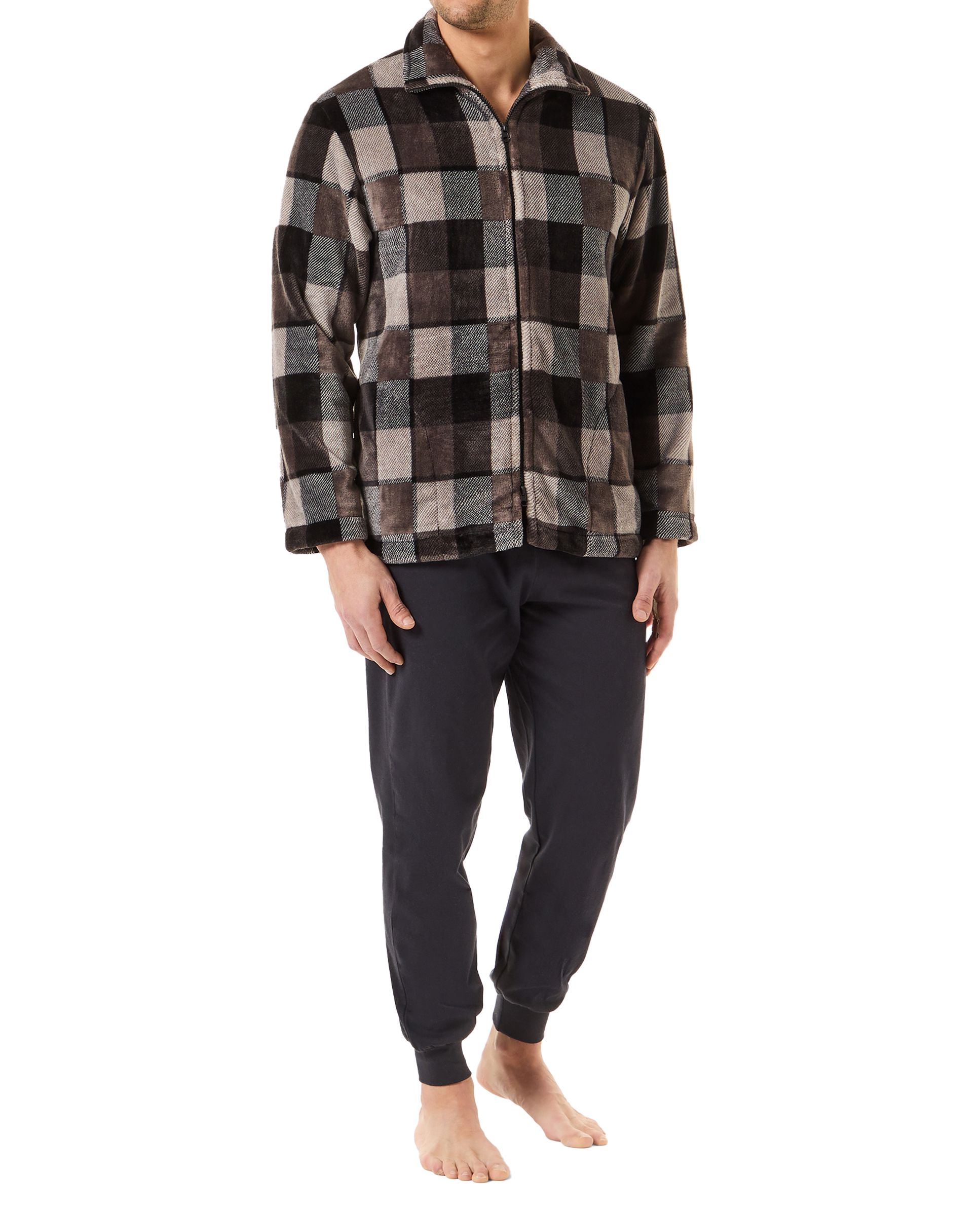 Man in short checked flannel coat with zip fastening