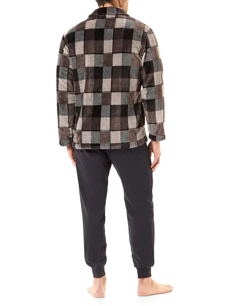 Rear view man in short checked flannel coat