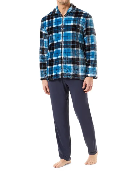 Stylish men's short dressing gown with zip fastening and an attractive check pattern in shades of blue.