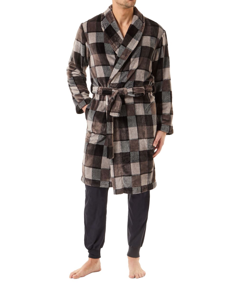 Men's long winter coat, long-sleeved double-breasted dinner jacket collar, check print, and side pockets.