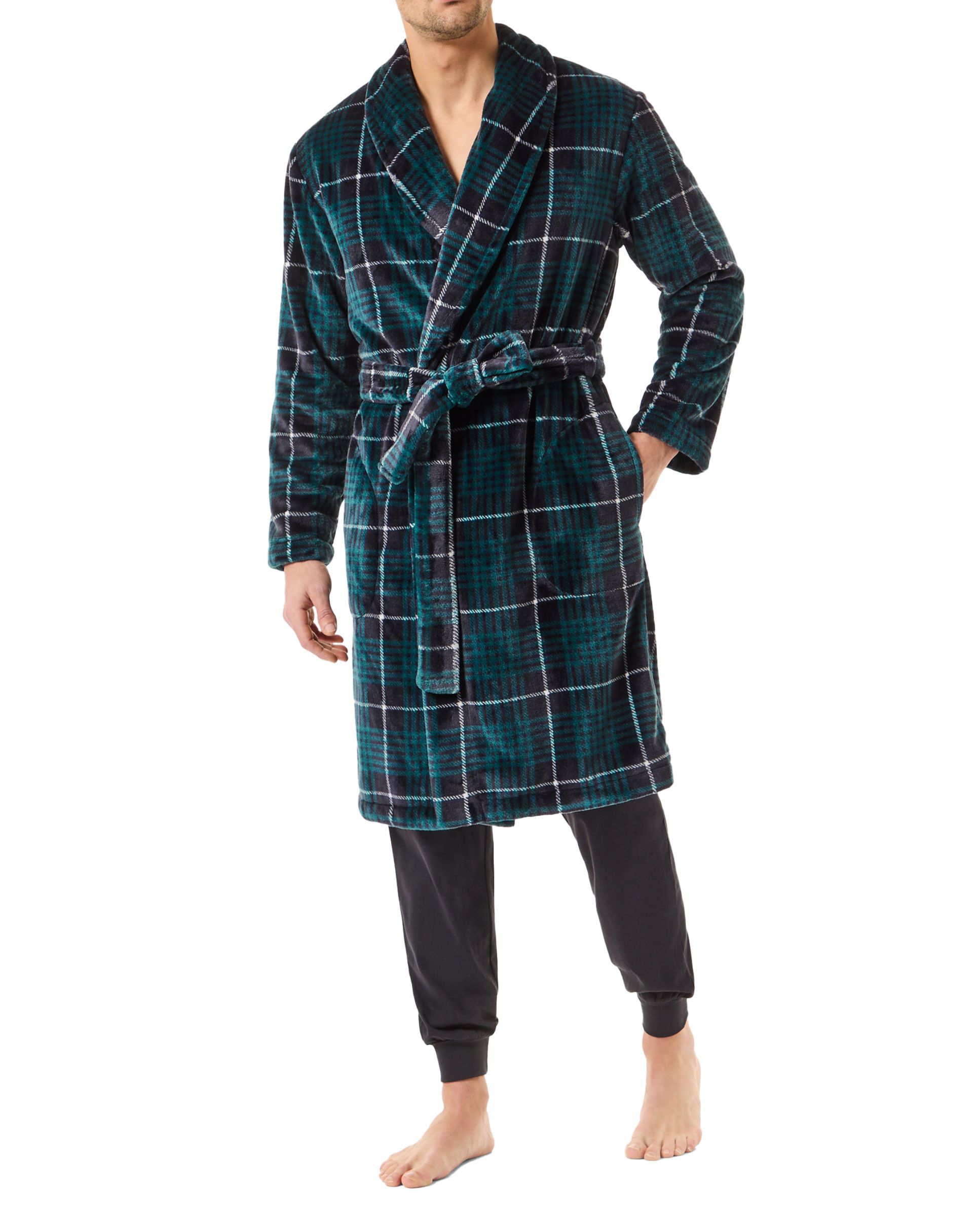 Man in green checkered winter dinner jacket long coat