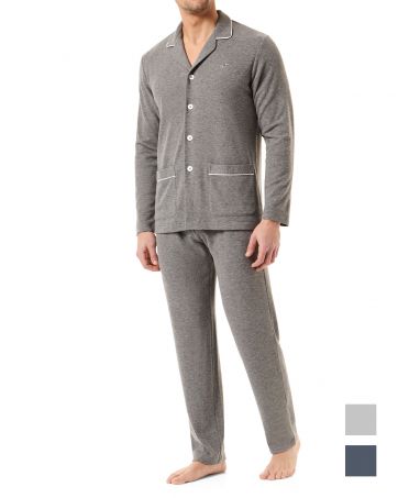 Men's long-sleeved plain pyjamas with grey piping