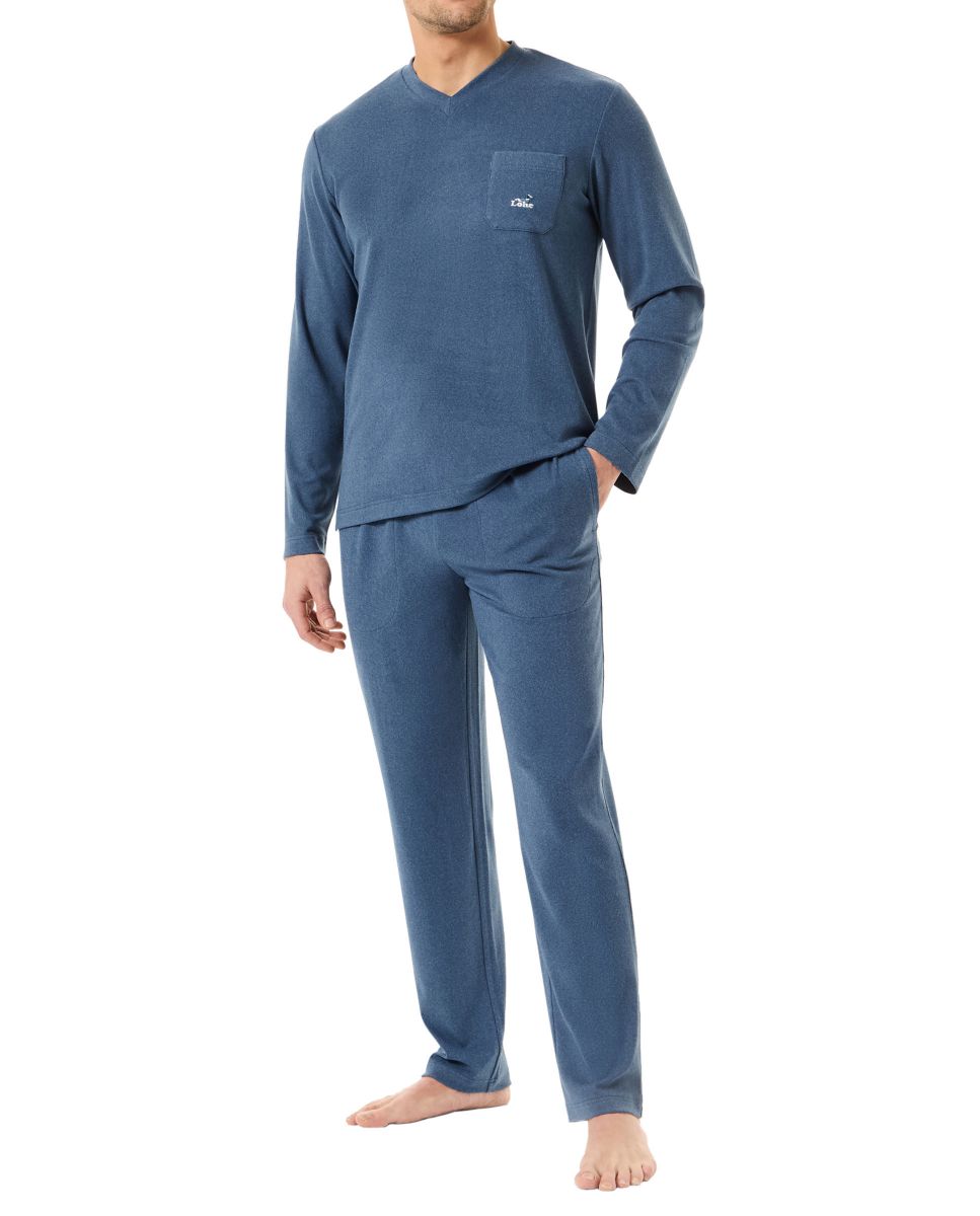 Men's plain long-sleeved winter pyjamas with V-neck collar