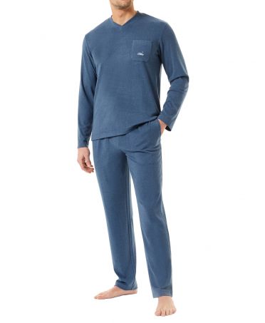 Men's plain long-sleeved winter pyjamas with V-neck collar