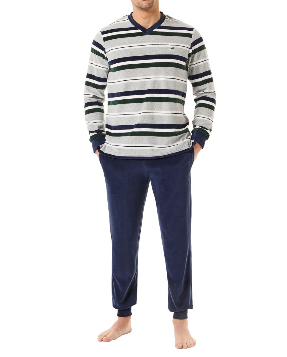 Man with green striped velvet winter pyjamas