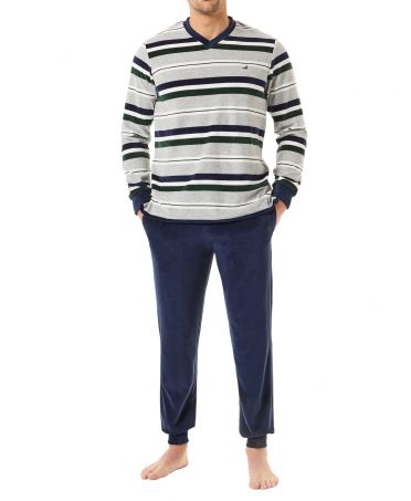 Man with green striped velvet winter pyjamas