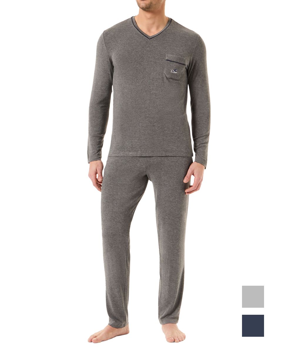 Men's grey plain modal pyjamas with long sleeves and V-neck for winter