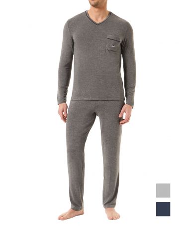 Men's grey plain modal pyjamas with long sleeves and V-neck for winter