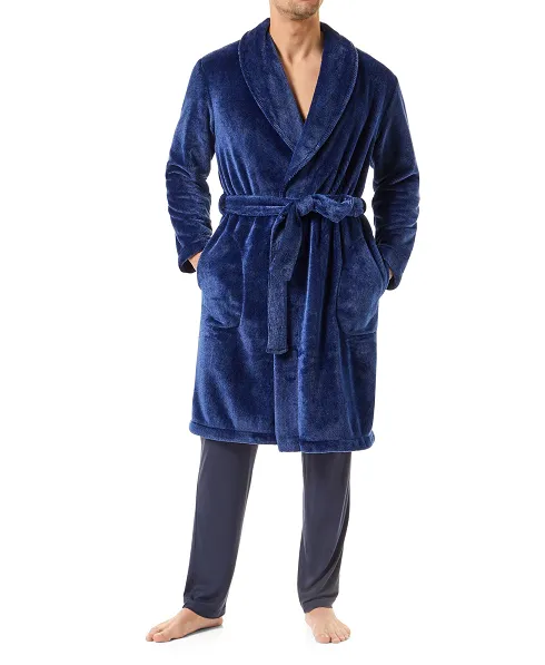 A man wearing a long blue knotted dinner jacket dressing gown