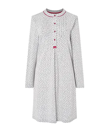 Women's long nightdress, floral print, round neck with buttons, long sleeves.