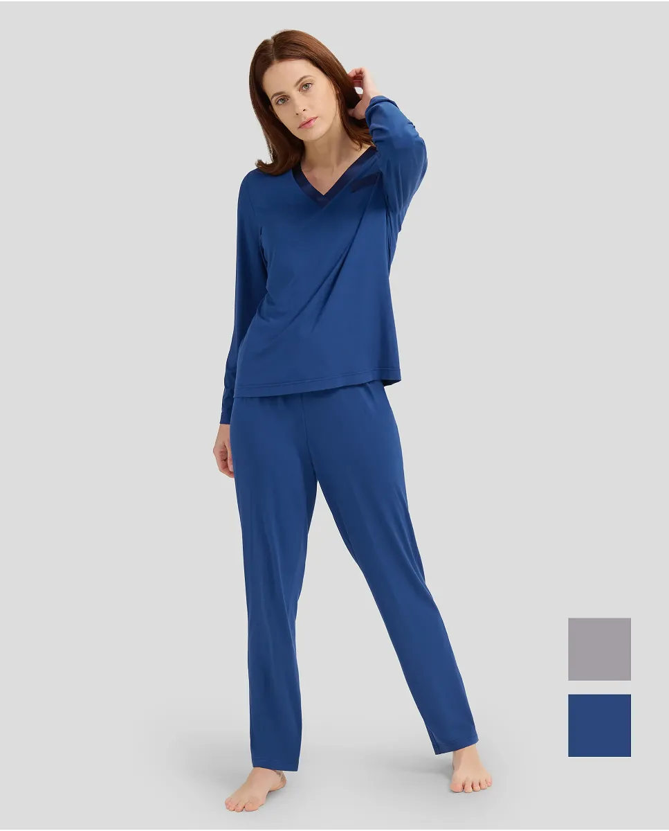 Women's plain navy modal winter pyjamas with contrasting V-neck in satin