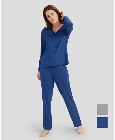 Women's plain navy modal winter pyjamas with contrasting V-neck in satin