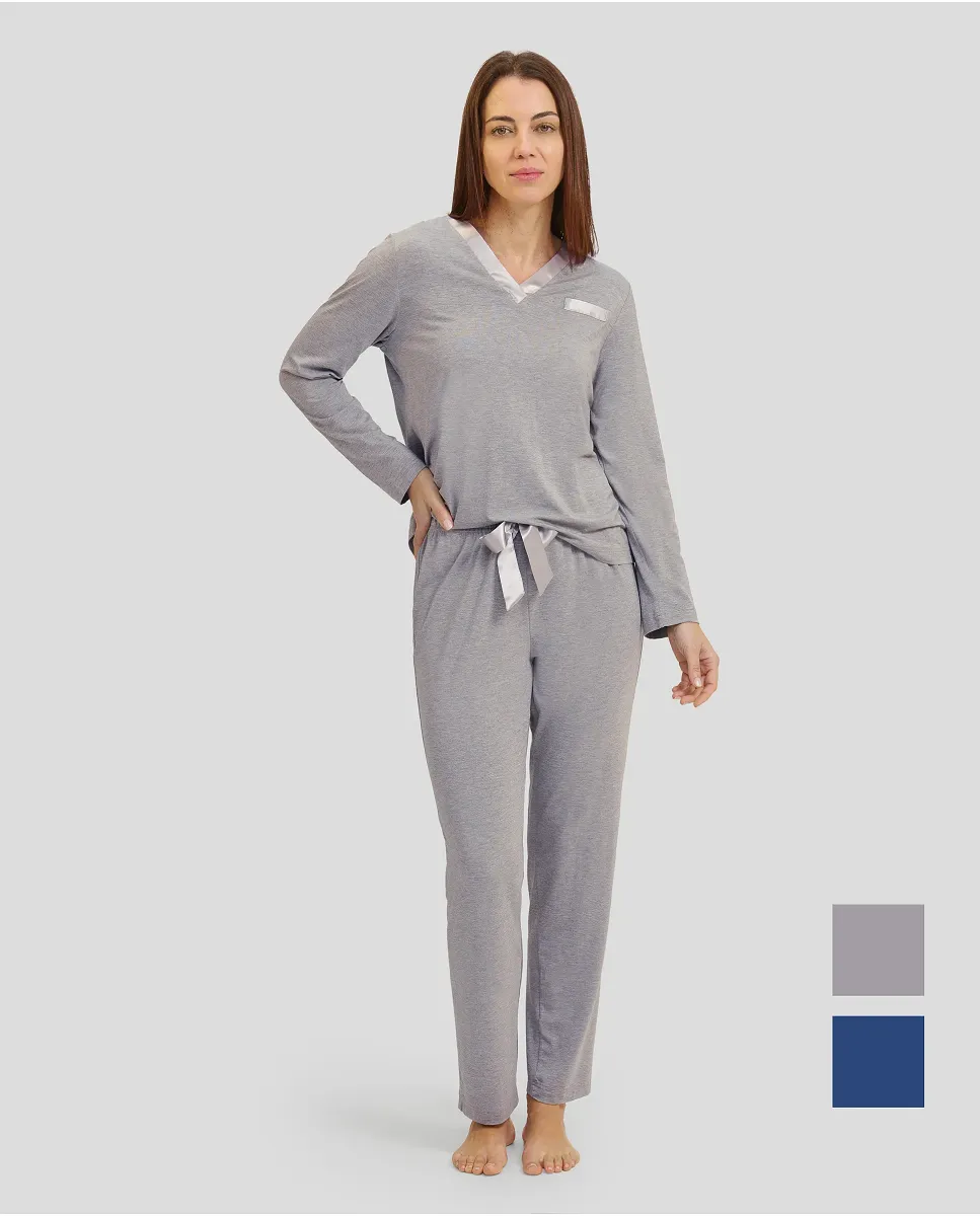 Women's plain grey modal winter pyjamas with contrasting V-neck in satin