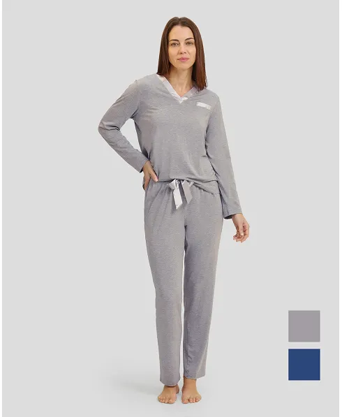 Women's plain grey modal winter pyjamas with contrasting V-neck in satin