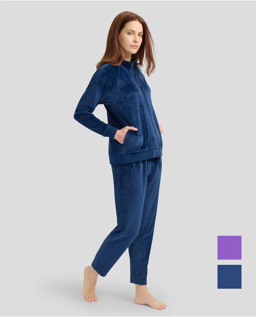 Women's navy jacquard velour winter tracksuit with zip and pockets