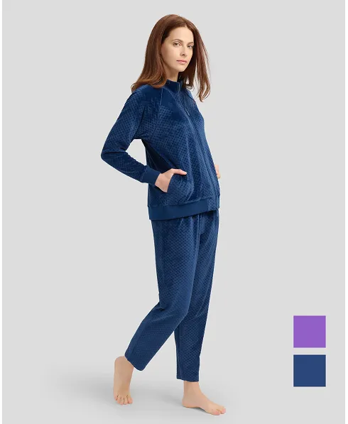 Women's navy jacquard velour winter tracksuit with zip and pockets