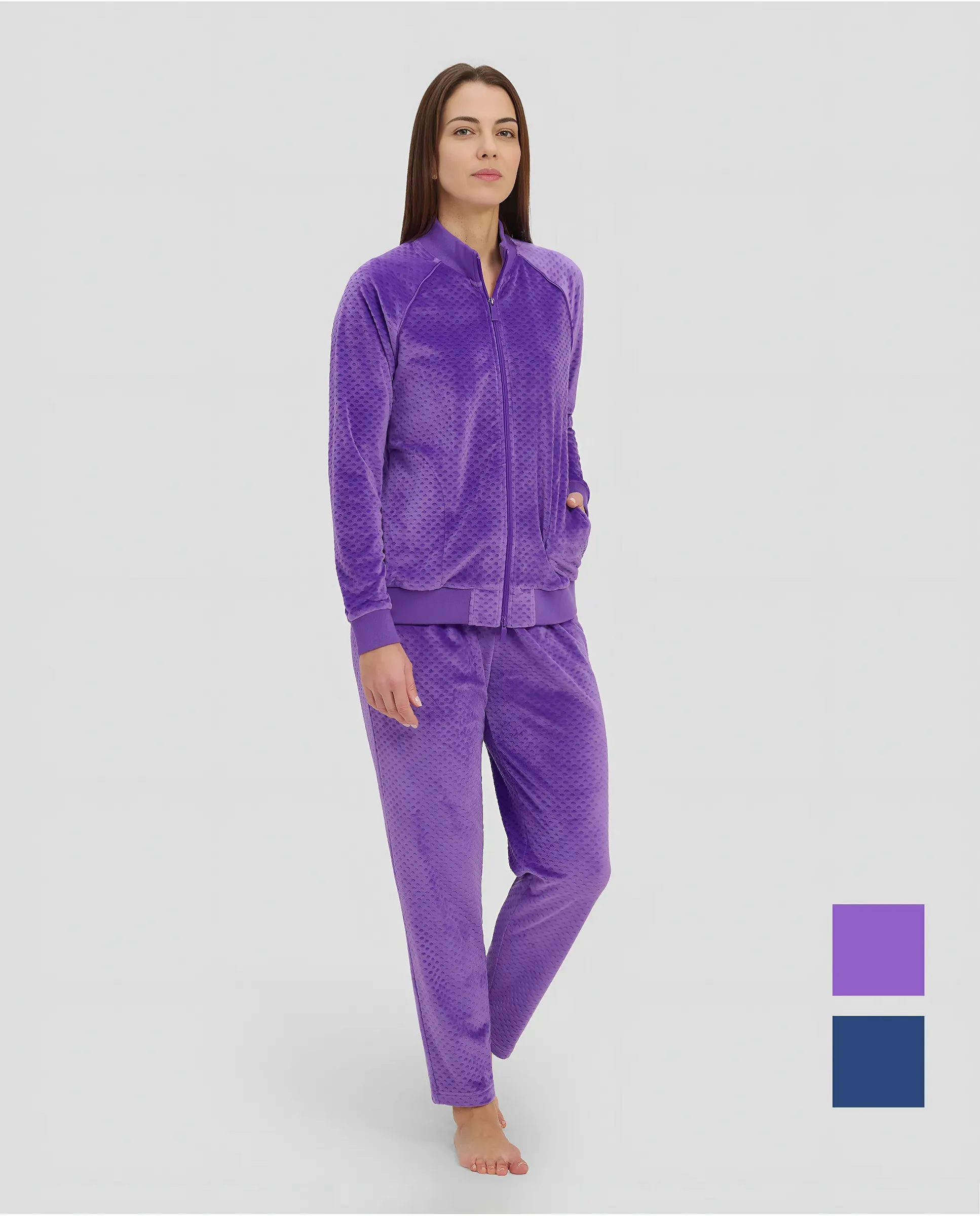 Women's purple jacquard velour winter tracksuit with zip and pockets