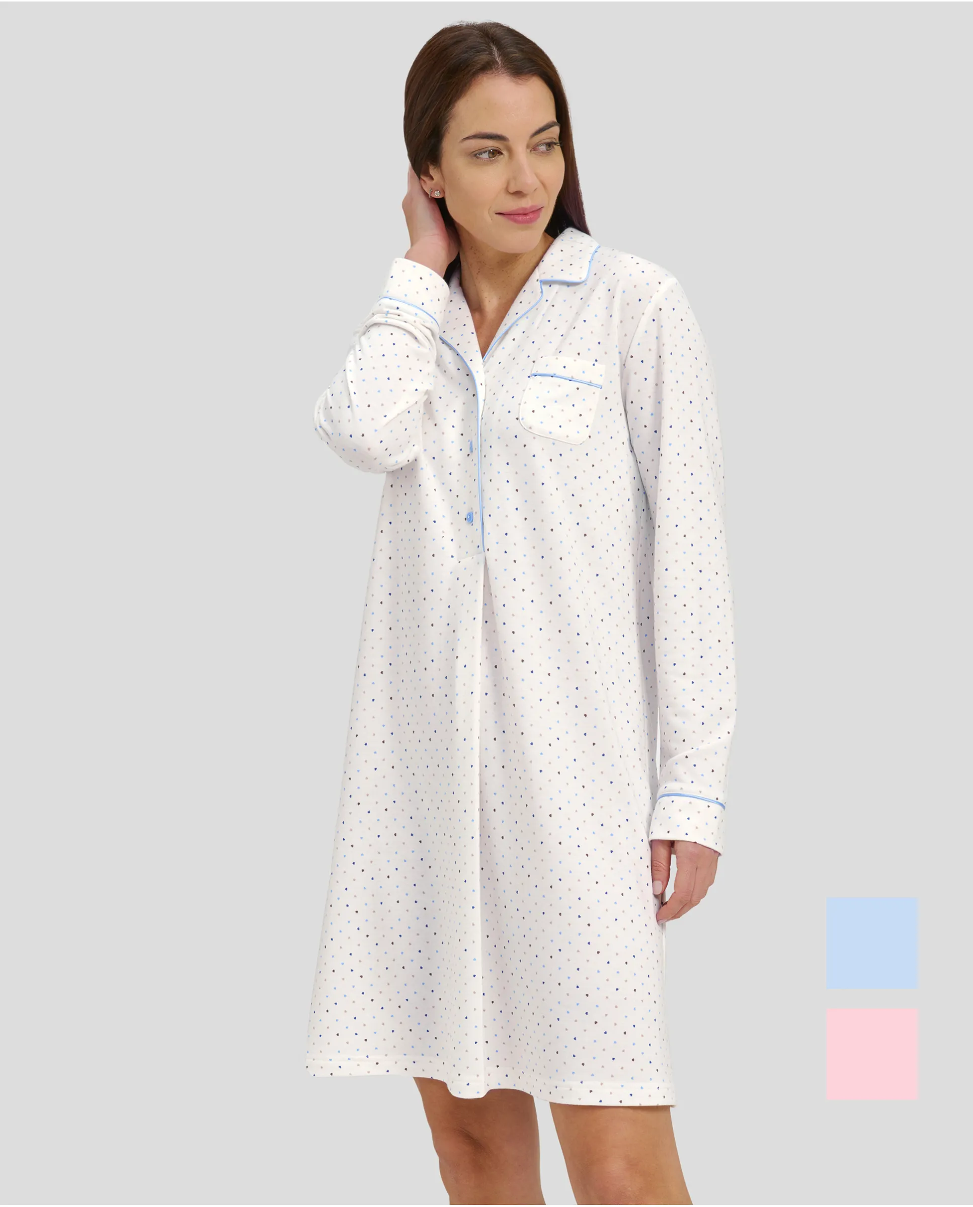 Woman in long buttoned winter nightgown for winter