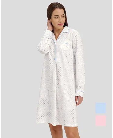 Woman in long buttoned winter nightgown for winter