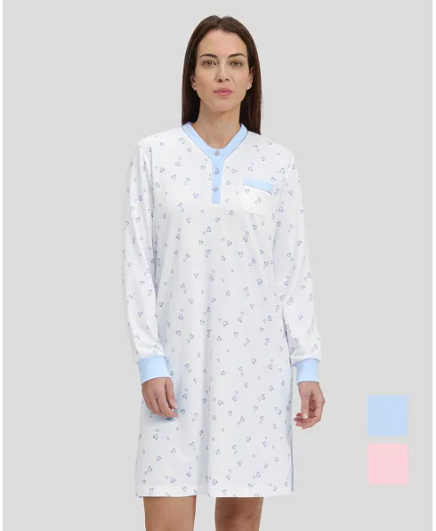 Women's winter nightdress, long sleeves, button-down collar, light blue heart print