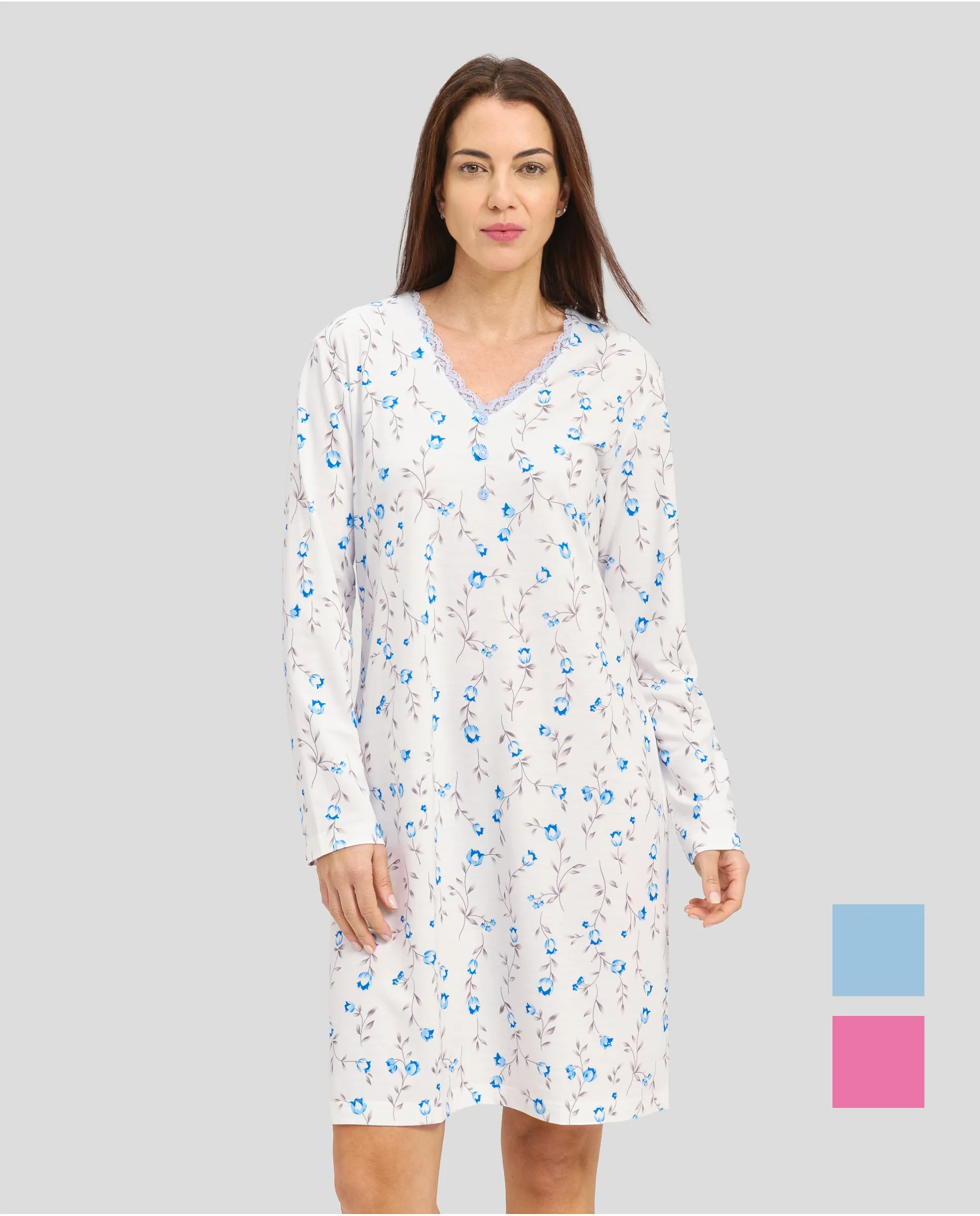 Woman with light blue flowered winter nightdress with lace collar