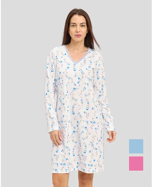 Woman with light blue flowered winter nightdress with lace collar