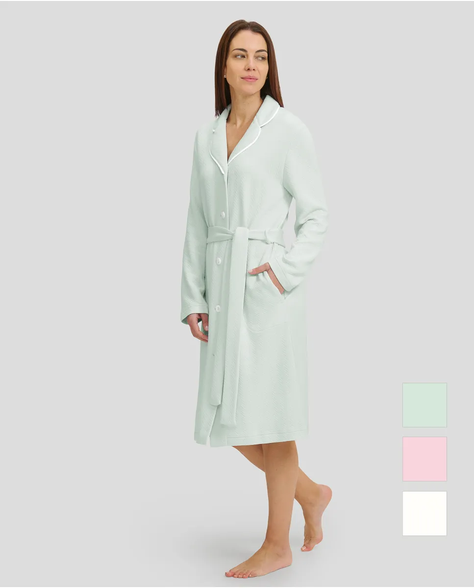 Women's green jacquard buttoned long-sleeved winter dressing gown with lapel collar and belt