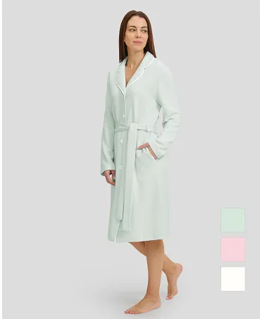 Women's green jacquard buttoned long-sleeved winter dressing gown with lapel collar and belt