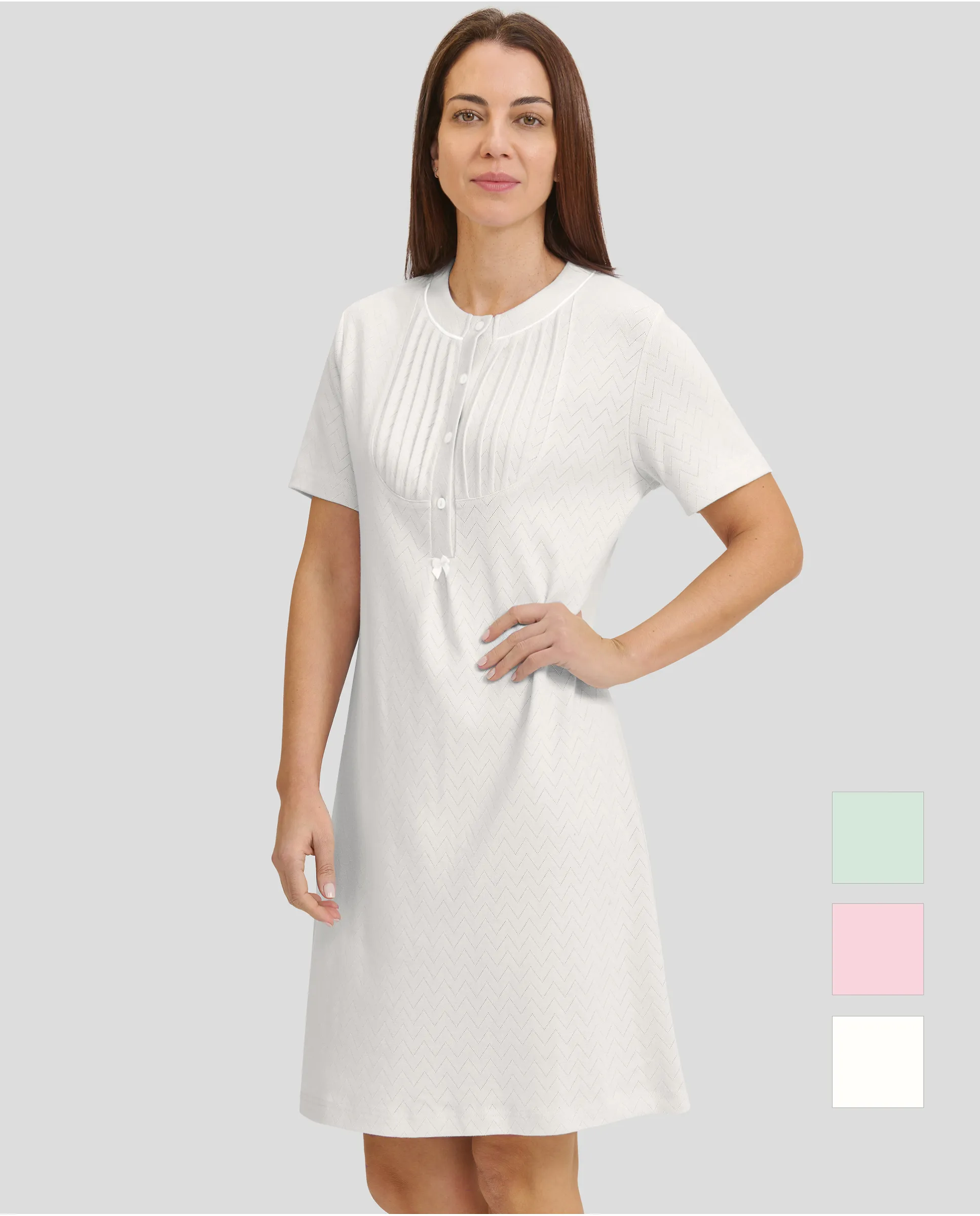 Woman in ivory lingerie nightdress with short sleeves for winter