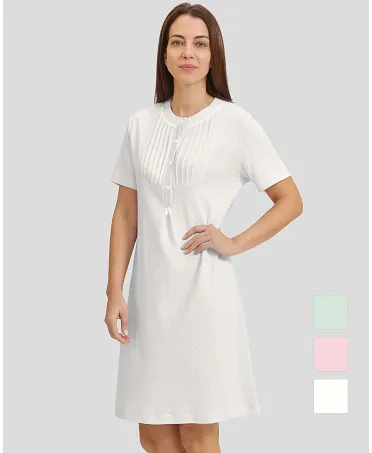 Woman in ivory lingerie nightdress with short sleeves for winter