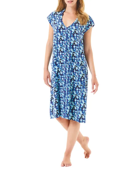 Woman in open blue beach dress with buttons