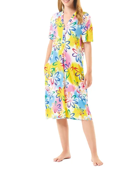 Women's short summer dress with floral print and open collar with button fastening