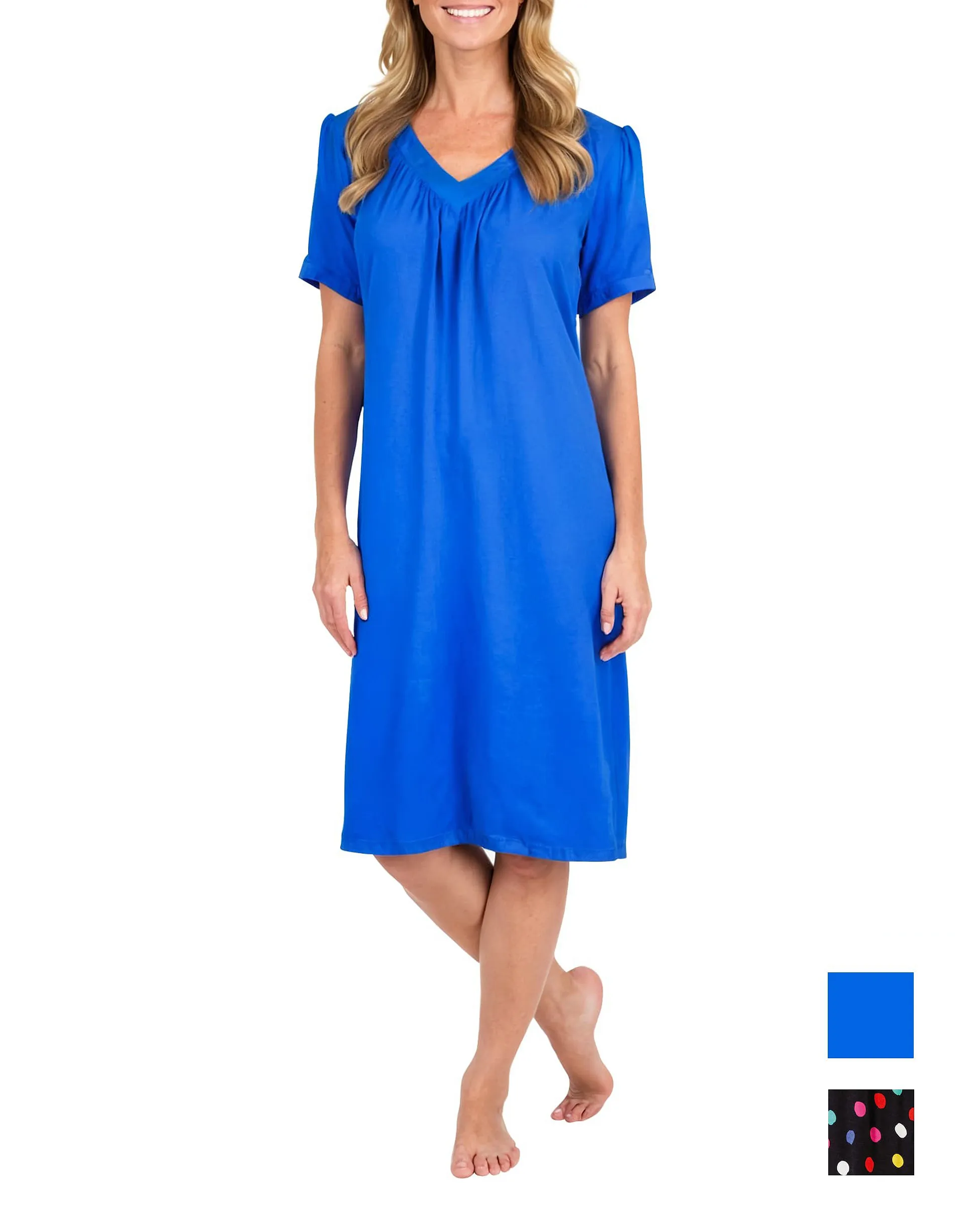 Women's short summer dress, short sleeve, V-neck, blue colour