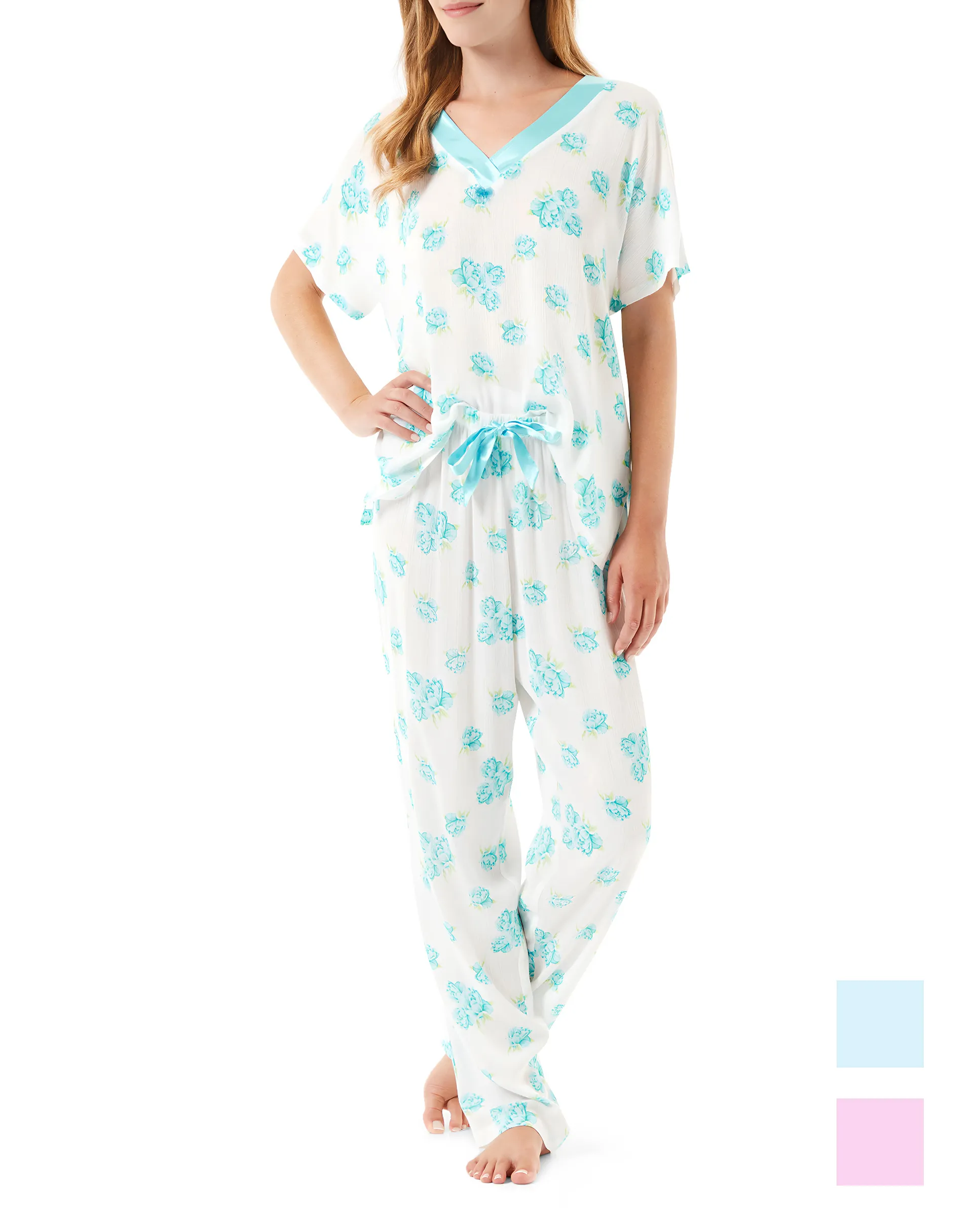 Women's summer pyjamas with turquoise blue flowers and matching V-neck and satin