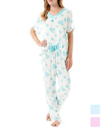 Women's summer pyjamas with turquoise blue flowers and matching V-neck and satin