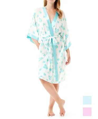 Women's short summer dressing gown with elegant blue floral print, satin details and French sleeves