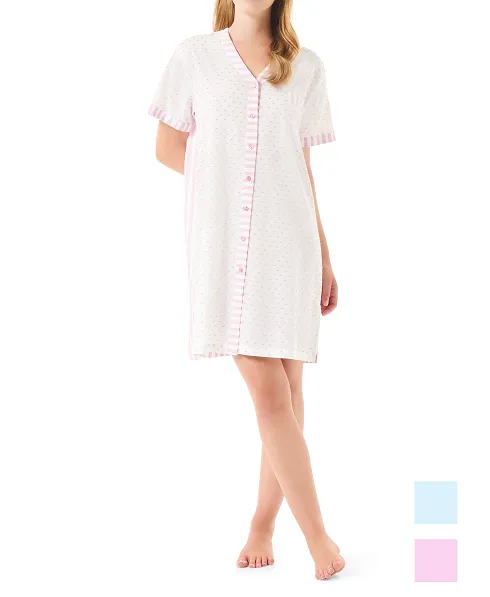 Woman wears short pink open summer nightgown with buttons