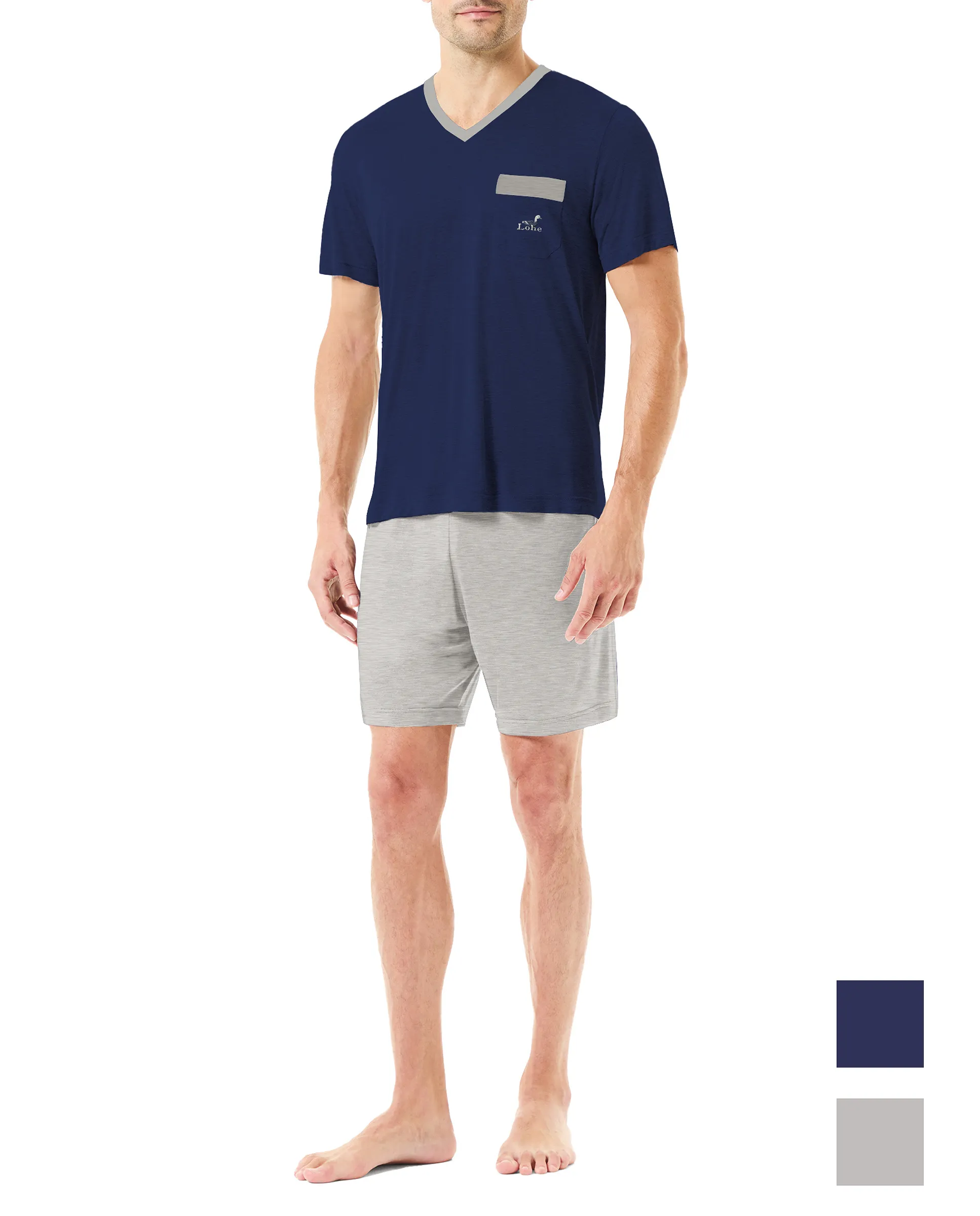 Men's summer pyjama shorts with navy v-neck T-shirt and grey shorts