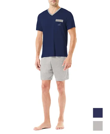 Men's summer pyjama shorts with navy v-neck T-shirt and grey shorts