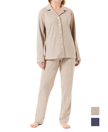 Women's brown long pyjamas with long sleeve jacket, open with buttons with piping, and long trousers with piping.