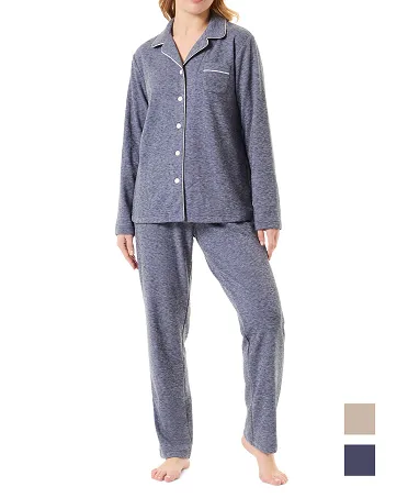 Women's navy long pyjamas with long sleeve jacket, open with buttons with piping, and long trousers with piping.