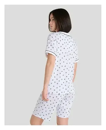 Rear view of white summer pyjamas with anchor print sleeves and shorts