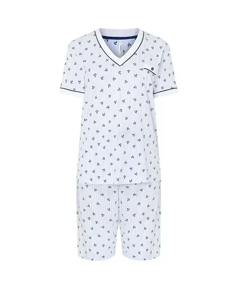 Lohe women's pyjama shorts, cotton modal fabric, anchor print, V-neck, short sleeves and shorts with bow tie.