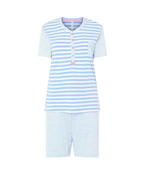 Lohe women's pyjama shorts, striped fabric, open with leg and buttons, short sleeves and shorts with satin bow.