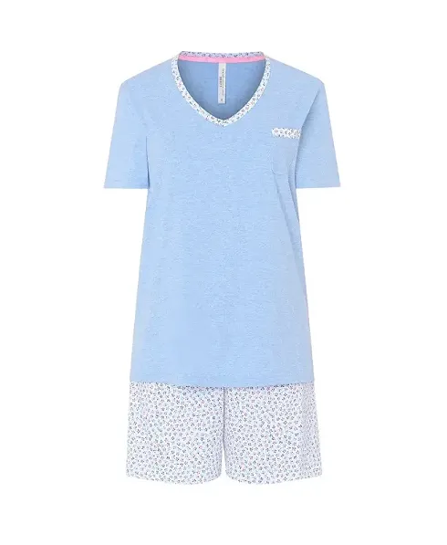 Lohe women's pyjama shorts, V-neck V-neck top, short sleeves and flower print woven shorts.