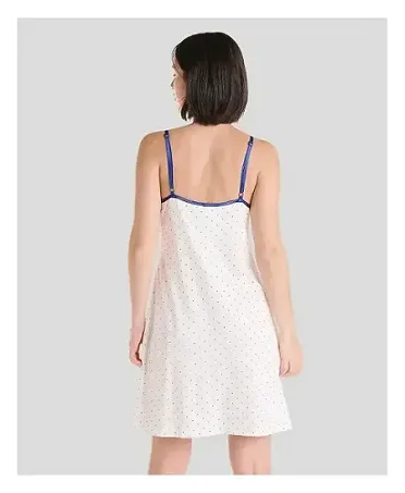 Short summer nightdress in cotton modal fabric with polka dot print, satin bias binding and shoulder straps.