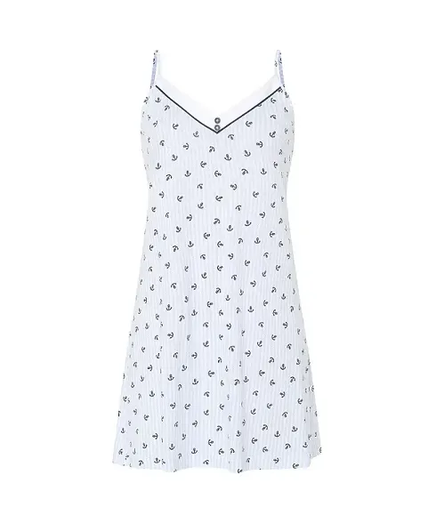 Lohe women's short nightdress, cotton modal fabric, anchor print, with piping and shoulder straps.