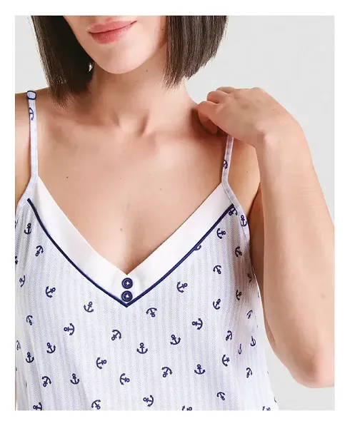 Detail of v-neck summer nightdress with straps and navy anchor print