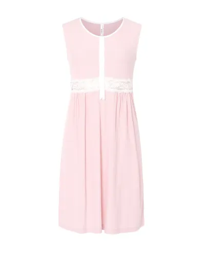 Detail of the pink summer lingerie camisole with open neckline with satin leg and buttons and lace waistband